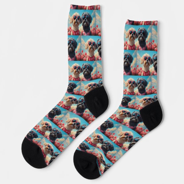 Lhasa Apso with Heart Roses Valentine's Day Socks (Left)