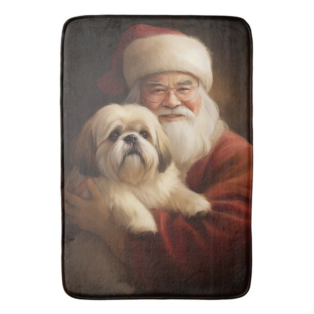 Lhasa Apso With Santa Claus Festive Christmas  Bath Mat (Front Vertical)