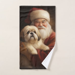 Lhasa Apso With Santa Claus Festive Christmas  Bath Towel Set