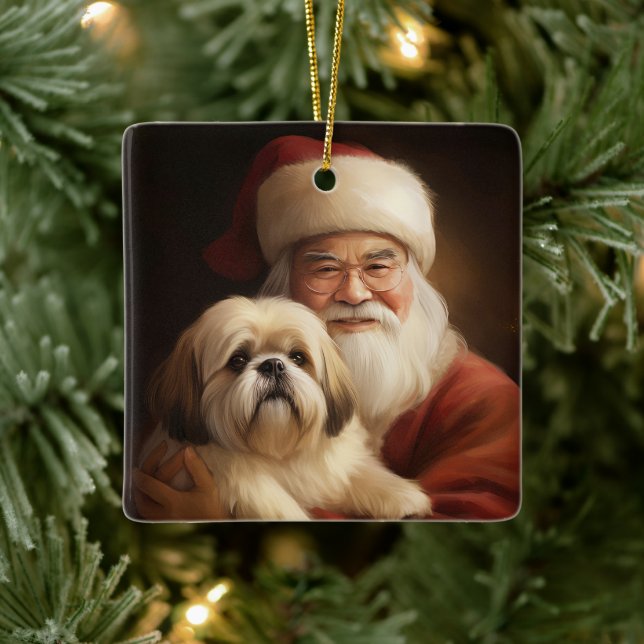 Lhasa Apso With Santa Claus Festive Christmas  Ceramic Ornament (Tree)