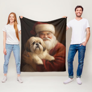 Lhasa Apso With Santa Claus Festive Christmas  Fleece Blanket
