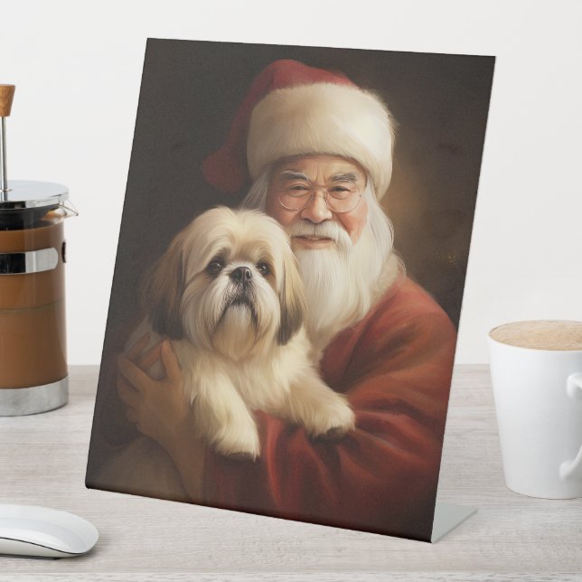 Lhasa Apso With Santa Claus Festive Christmas  Pedestal Sign (In SItu)