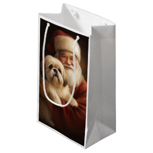Lhasa Apso With Santa Claus Festive Christmas  Small Gift Bag