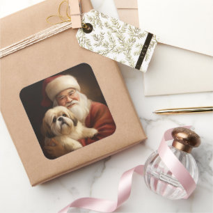 Lhasa Apso With Santa Claus Festive Christmas  Square Sticker
