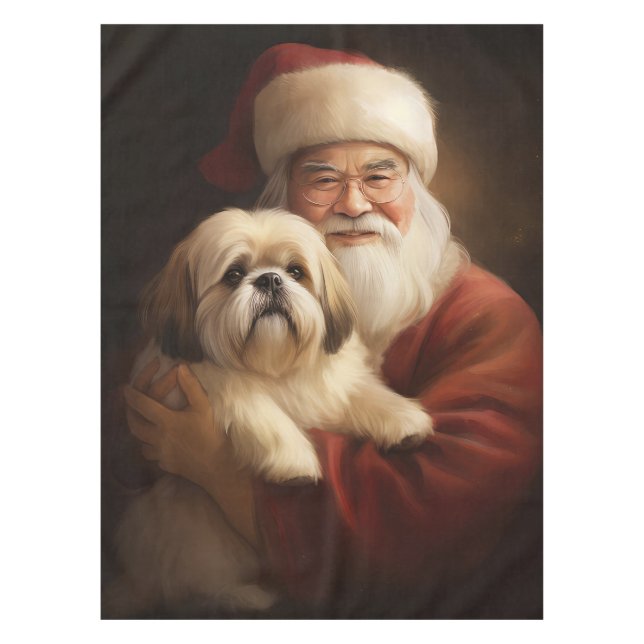 Lhasa Apso With Santa Claus Festive Christmas  Tablecloth (Front)