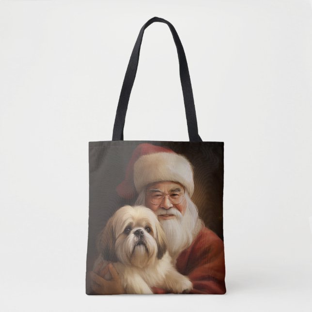 Lhasa Apso With Santa Claus Festive Christmas  Tote Bag (Front)