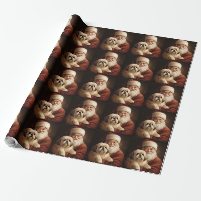 Lhasa Apso With Santa Claus Festive Christmas  Wrapping Paper (Unrolled)