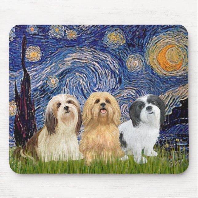 Lhasa Apsos (three) - Starry Night Mouse Mat (Front)