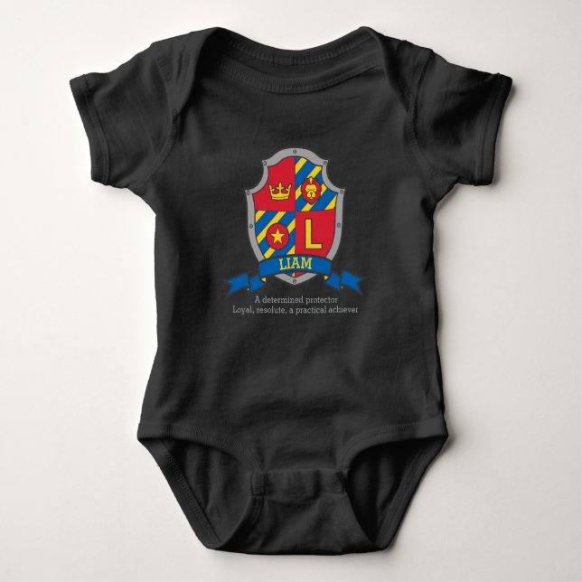 Liam name meaning crest knights shield baby bodysuit (Front)