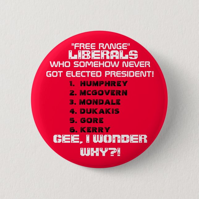 LIBERALS SOMEHOW NEVER GOT ELECTED PRESIDENT.. 6 CM ROUND BADGE (Front)