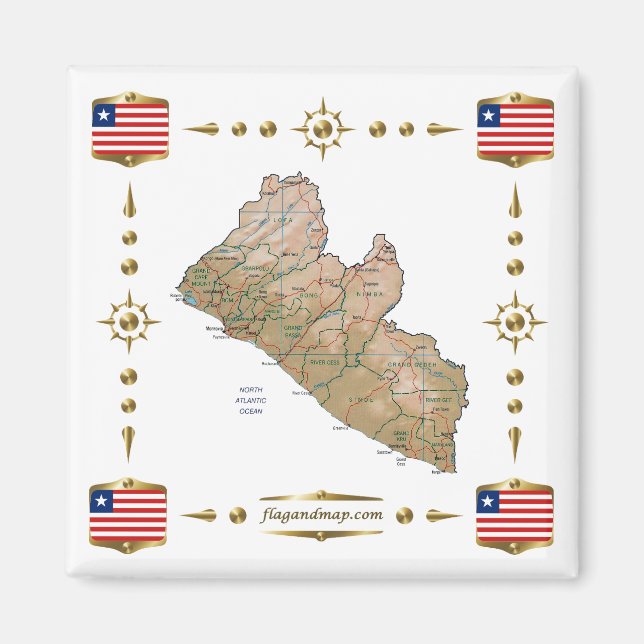 Liberia Map + Flags Magnet (Front)
