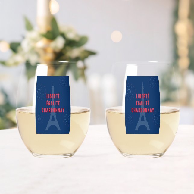 Liberté Égalité Chardonnay Funny Eiffel Tower Wine Stemless Wine Glass (Insitu (Wedding))