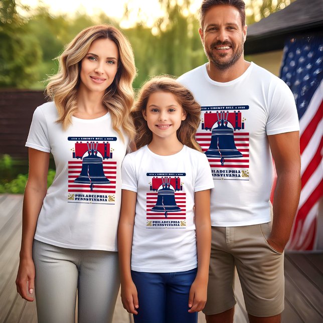 Liberty Bell Stars and Stripes Patriotic T-Shirt (A family wears the Liberty Bell design by The American Family.)