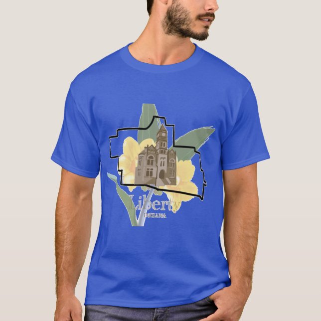 Liberty Indiana Map with Courthouse and Floral Bac T-Shirt (Front)