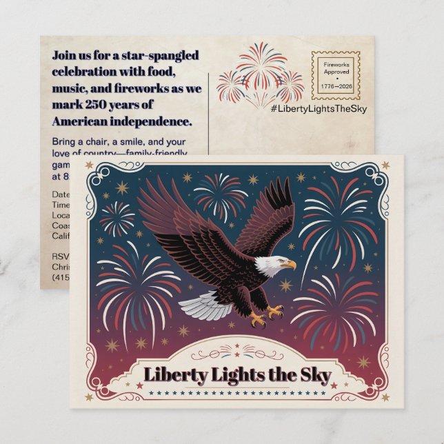 Liberty Lights the Sky • 1776–2026 Keepsake Postcard (Front/Back)