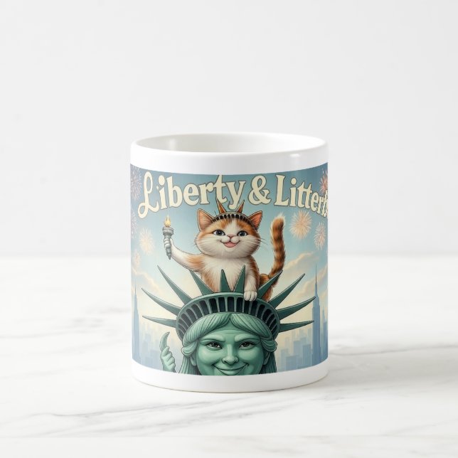 Liberty & Litterboxes – Funny Patriotic Cat Mug (Center)