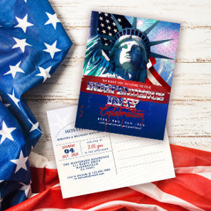 Liberty Patriotic Fireworks 4th Of July BBQ Invite Postcard