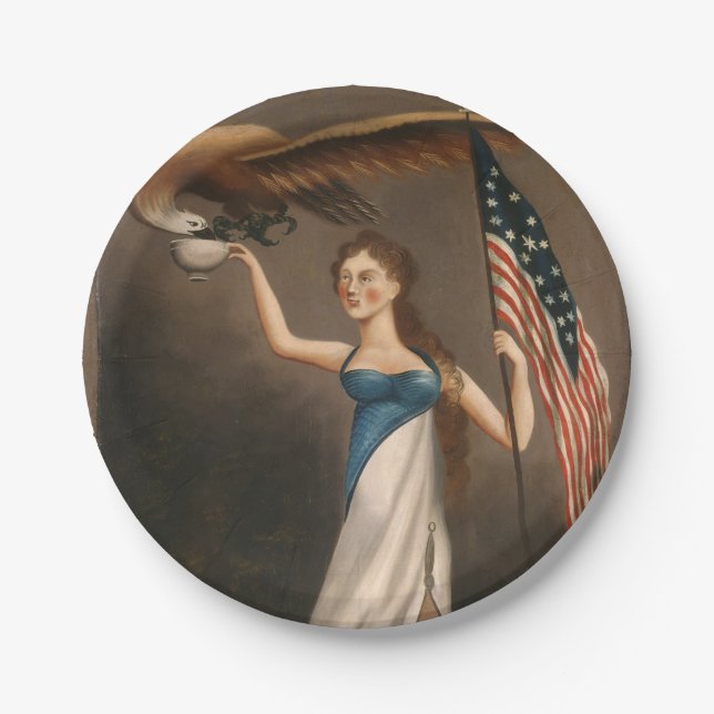 Liberty Woman Eagle American Flag USA Oil Painting Paper Plate (Front)