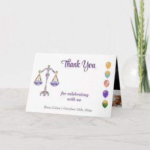 Libra 1st Birthday Gold & Photo Thank You Card