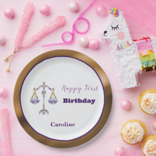 Libra 1st Birthday Gold & Purple Artistic Paper Plate
