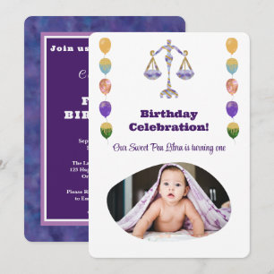 Libra 1st Birthday Photo Impressionist Gold Invitation