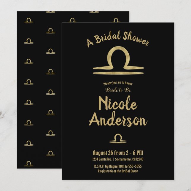 LIBRA Gold Zodiac Astrology Fall Bridal Shower Invitation (Front/Back)