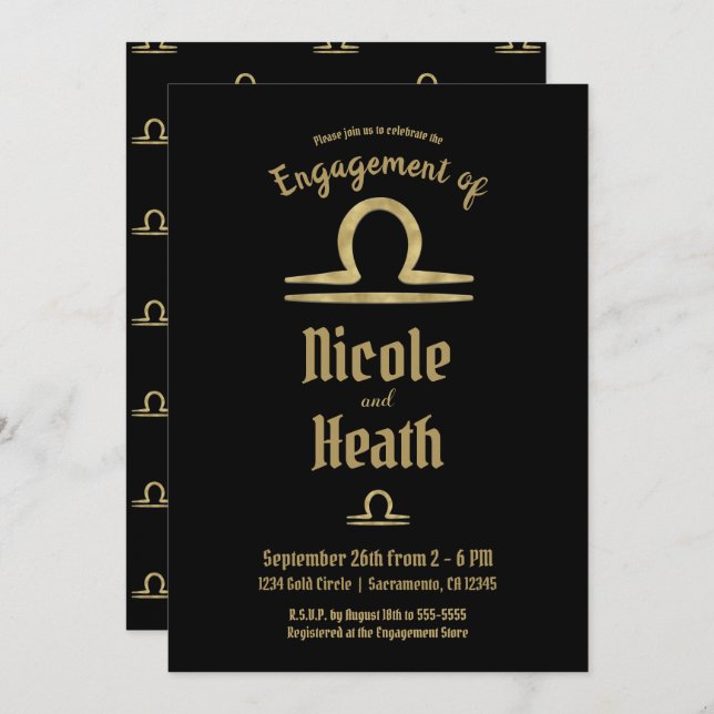 LIBRA Gold Zodiac Astrology Fall Engagement  Invitation (Front/Back)