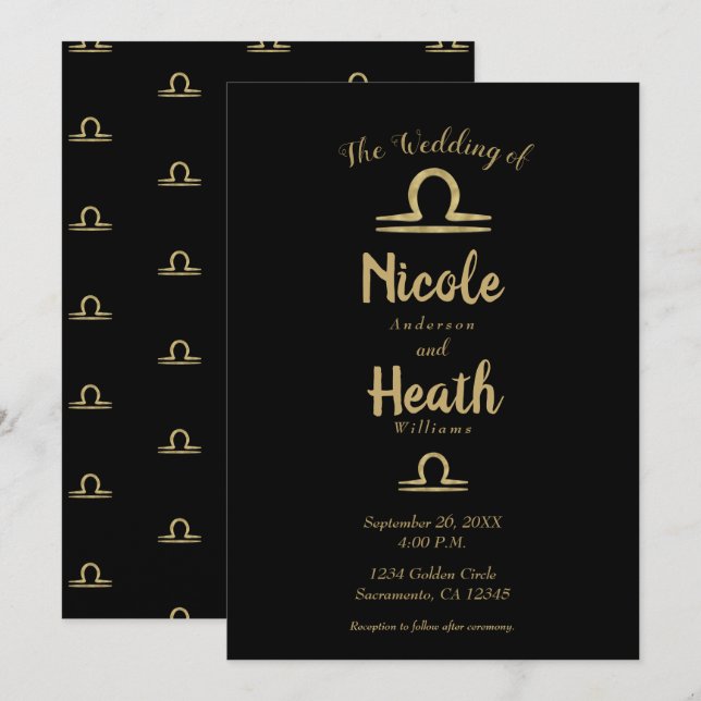 LIBRA Gold Zodiac Astrology Summer Fall Wedding  Invitation (Front/Back)