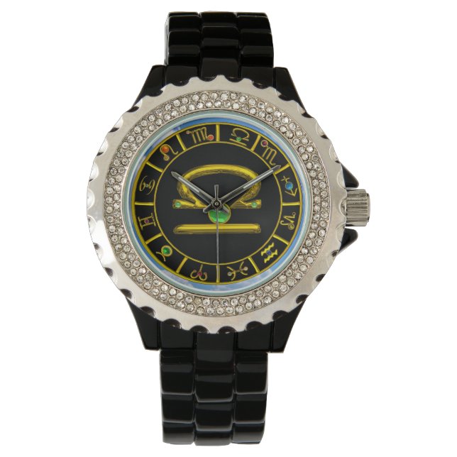 LIBRA GOLD ZODIAC BIRTHDAY JEWEL,Green ,Black Watch (Front)