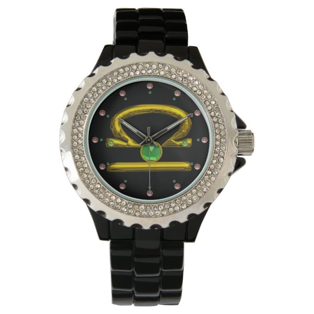 LIBRA GOLD ZODIAC BIRTHDAY JEWEL,Green ,Black Watch (Front)