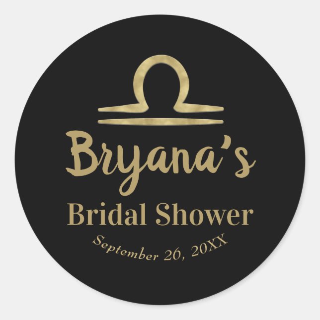 LIBRA Gold Zodiac September October Bridal Shower  Classic Round Sticker (Front)