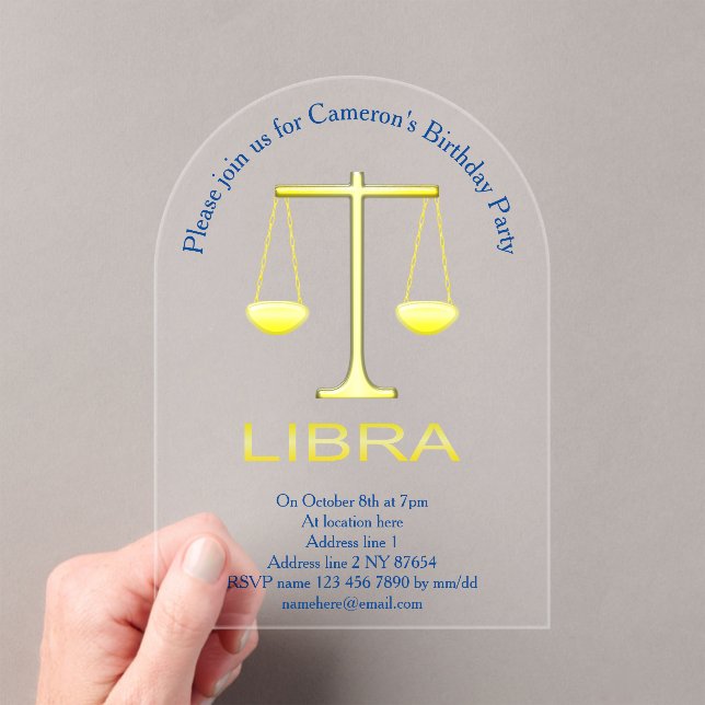 Libra Golden Scales Star Sign Birthday Party Acrylic Invitations (Insitu (Handheld))