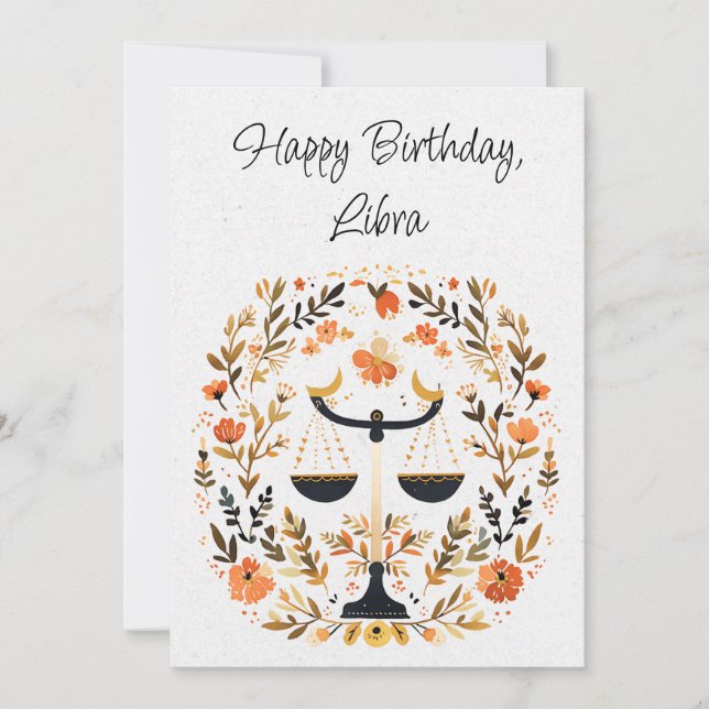 Libra Scales Zodiac Boho Floral Birthday Flat Card (Front)