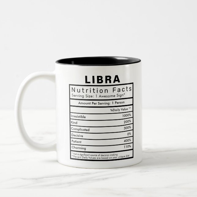 Libra Star Sign Nutrition Facts Statistics Funny Two-Tone Coffee Mug (Left)