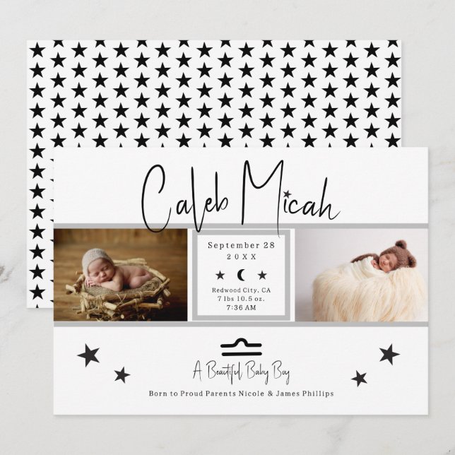 Libra Stars Photo Baby Birth Announcement (Front/Back)