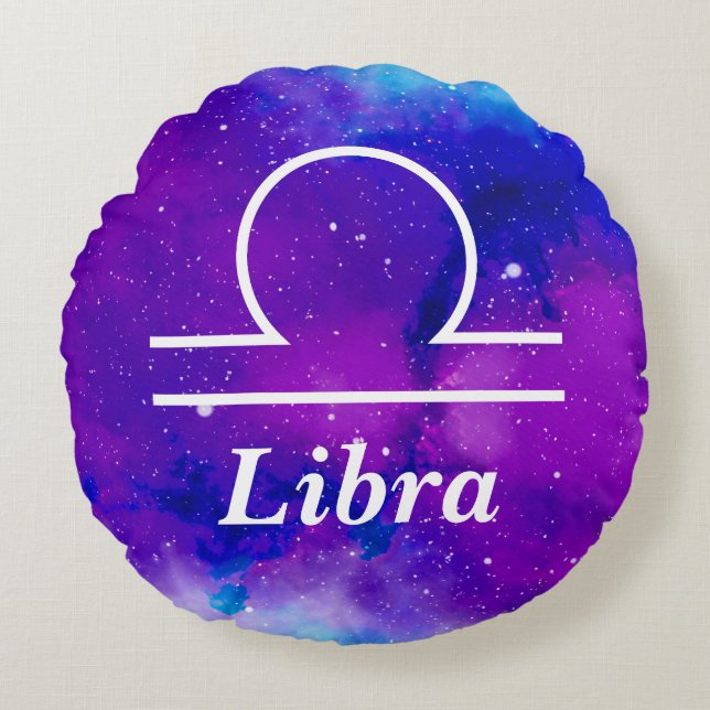 Libra Symbol Purple Blue Space Nebula Round Cushion (Front)