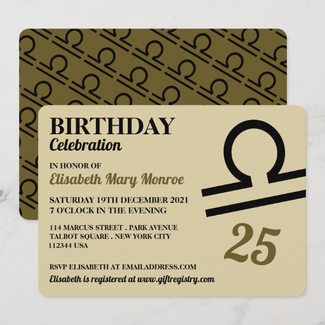 Libra, The Scales, Zodiac Star Sign, Birthday Invitation (Front/Back)