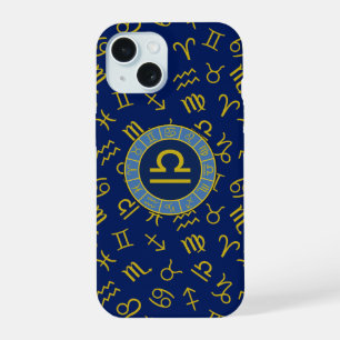 Libra Zodiac+Astrology Symbols Pattern Gold+Blues iPhone 15 Case