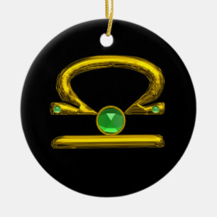 LIBRA ZODIAC BIRTHDAY JEWEL GREEN EMERALD Gold Ceramic Tree Decoration