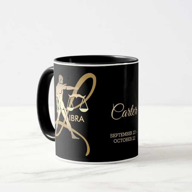 Libra ♎  Zodiac Birthday Sign / Black and Gold Mug (Front Left)