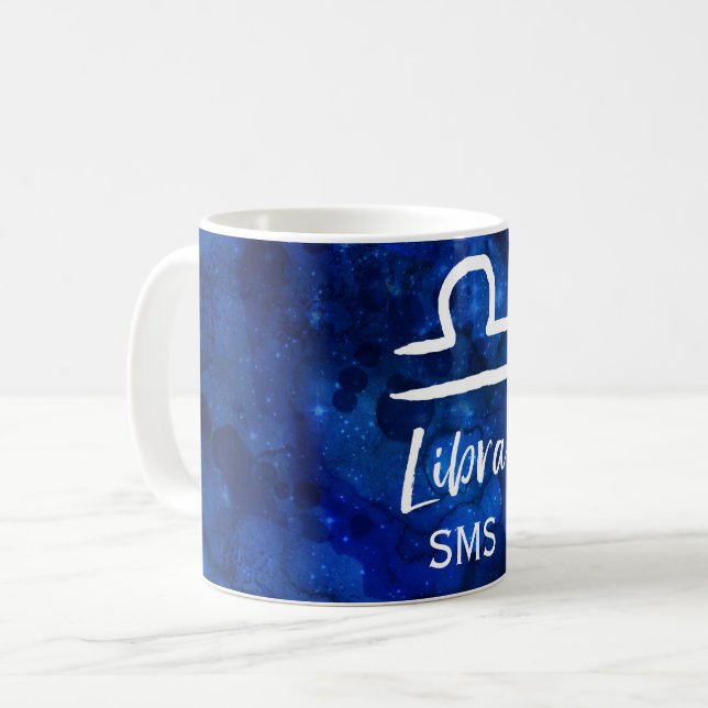 Libra Zodiac Constellation Blue Galaxy Monogram Coffee Mug (Front Left)