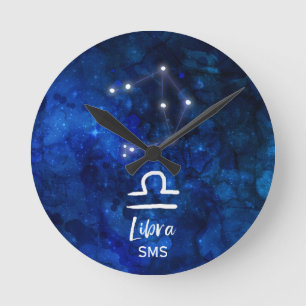 Libra Zodiac Constellation Blue Galaxy Monogram Round Clock