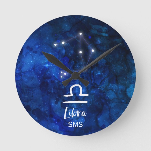 Libra Zodiac Constellation Blue Galaxy Monogram Round Clock (Front)
