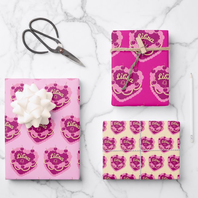 Libra Zodiac Coquette Heart Birthday Cake Wrapping Paper Sheet (Front)