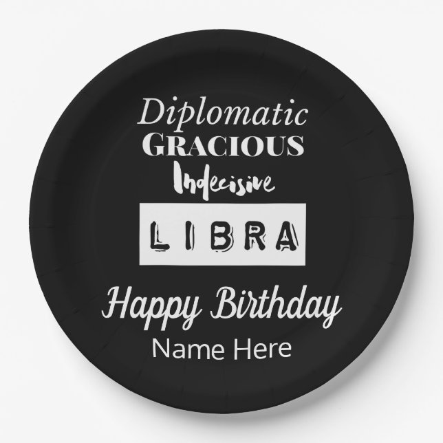 Libra Zodiac Fun Characteristics Birthday Paper Plate (Front)