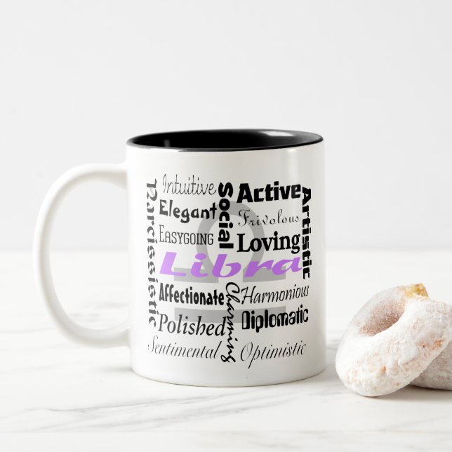Libra Zodiac Horoscope Astrology Traits Collage Two-Tone Coffee Mug (With Donut)