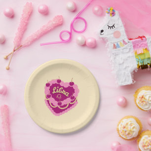 Libra Zodiac Pastel Heart Birthday Cake Paper Plate
