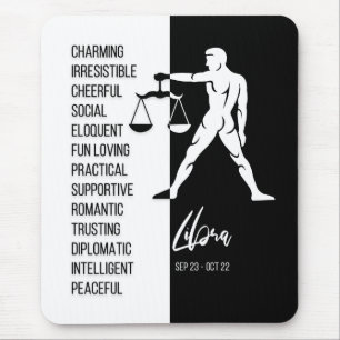 Libra Zodiac Sign Mousepad, Black & White Mouse Mat