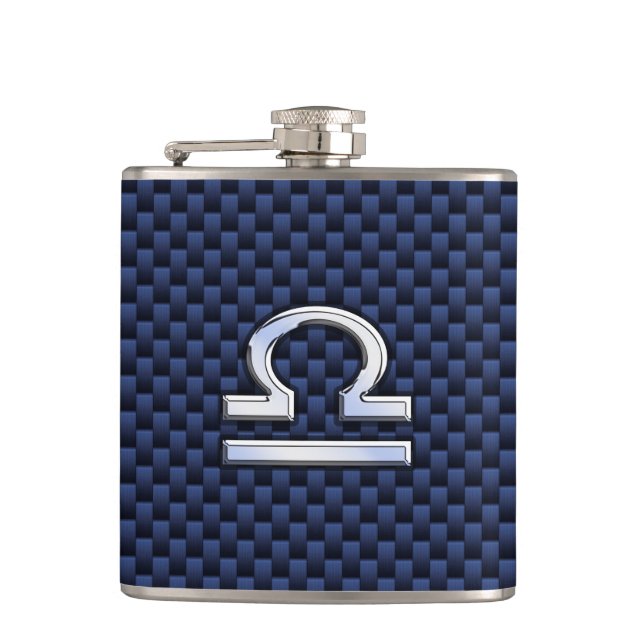 Libra Zodiac Sign on Blue Carbon Fibre Style Hip Flask (Front)