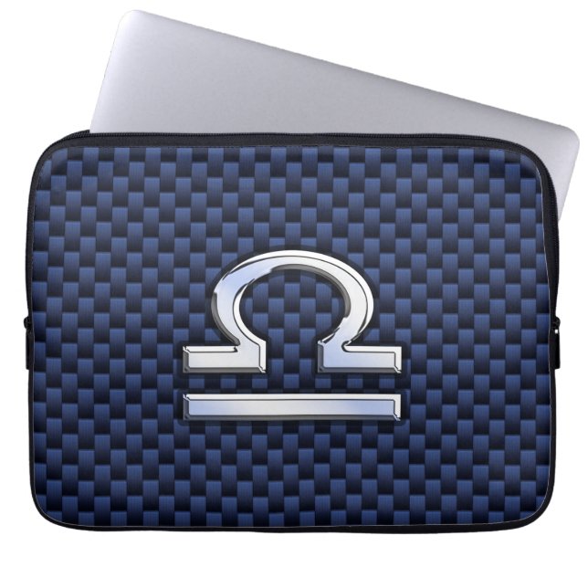 Libra Zodiac Sign on Navy Carbon Fiber Style Laptop Sleeve (Front)